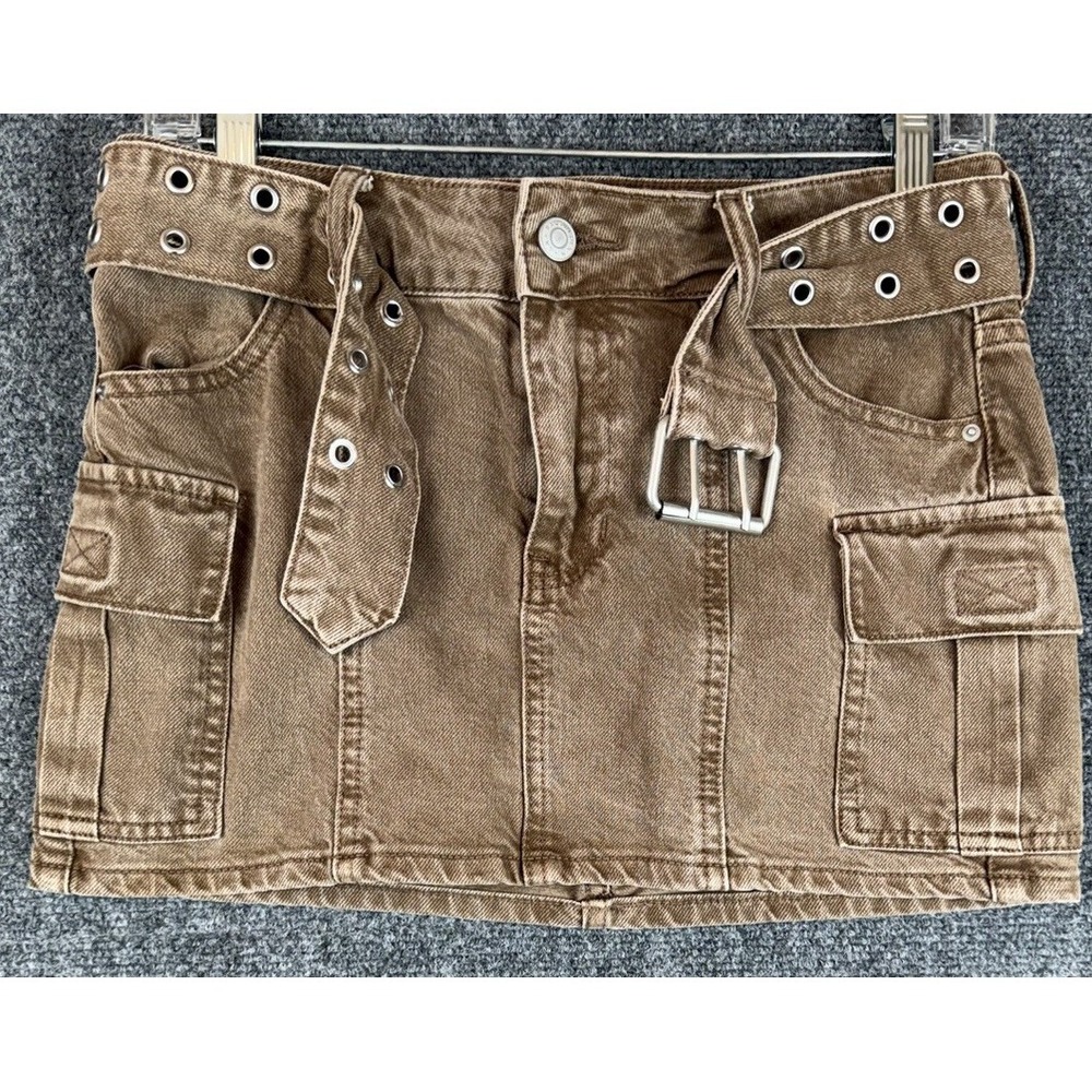 Pacsun Brown Denim Y2K Cargo Mini Skirt Women size 24 Belted Waist Festival